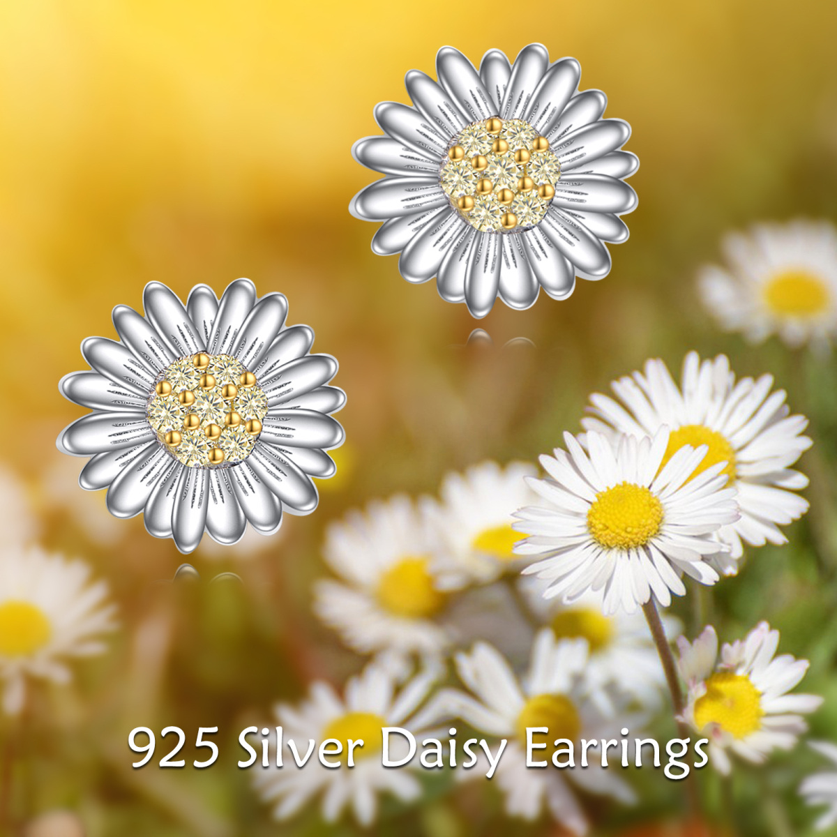 Pendientes de plata de ley con forma de girasol y circonita cúbica en dos tonos-6