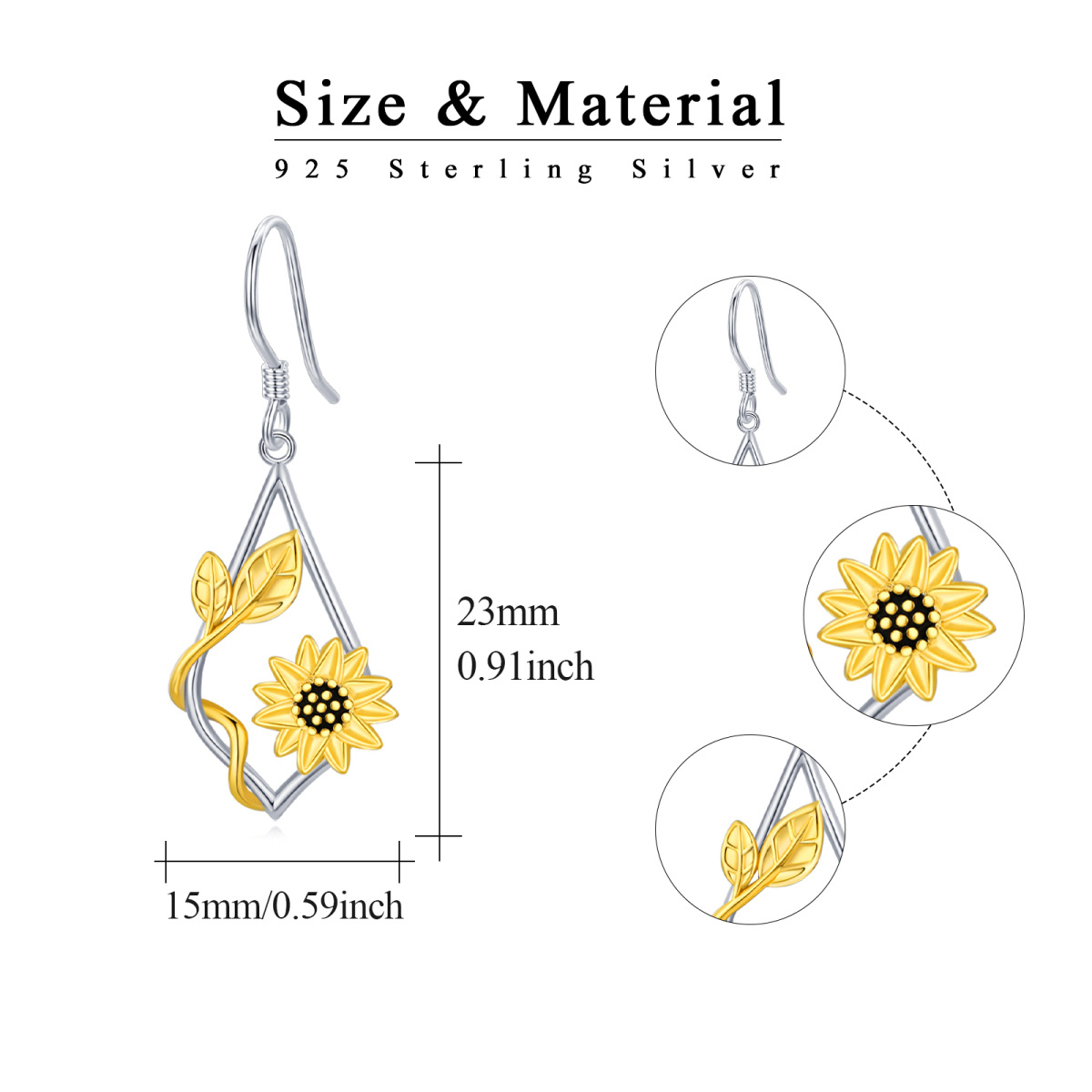 Boucles d'oreilles tournesol en argent sterling bicolore-4