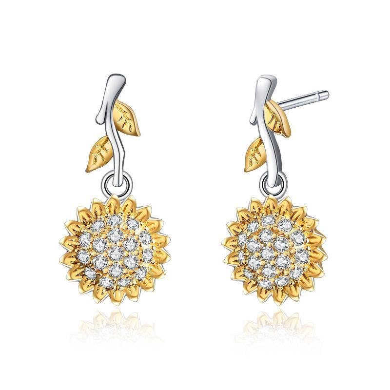 Sterling Silver Two-tone Cubic Zirconia Sunflower Stud Earrings-1