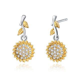 Sterling Silver Two-tone Cubic Zirconia Sunflower Stud Earrings-55