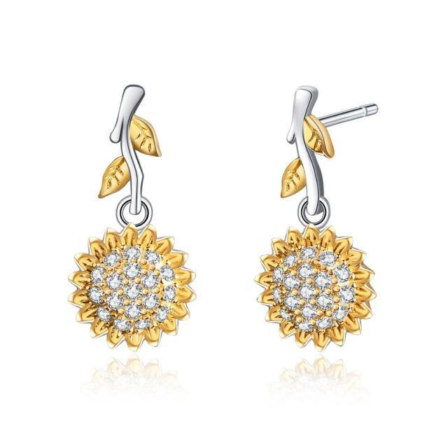 Orecchini con girasole in argento sterling bicolore con zircone cubico-1