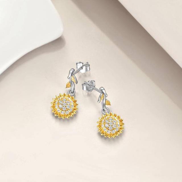 Sterling Silver Two-tone Cubic Zirconia Sunflower Stud Earrings-3