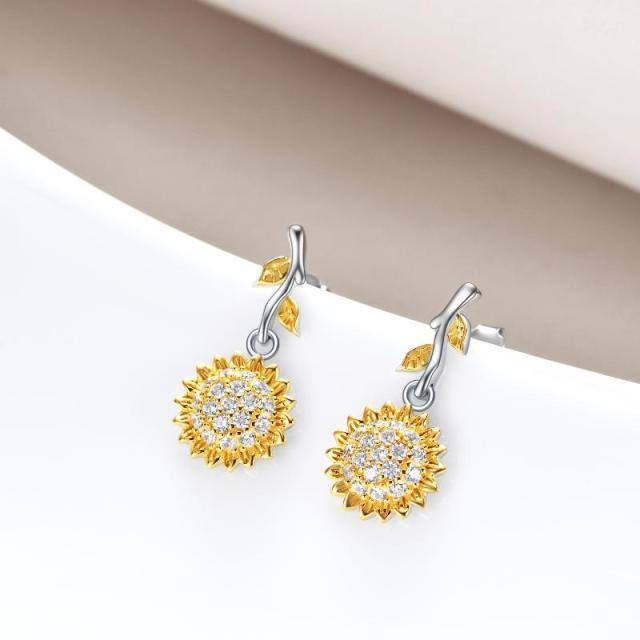 Sterling Silver Two-tone Cubic Zirconia Sunflower Stud Earrings-4