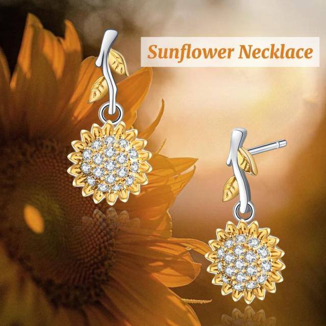 Sterling Silver Two-tone Cubic Zirconia Sunflower Stud Earrings-6