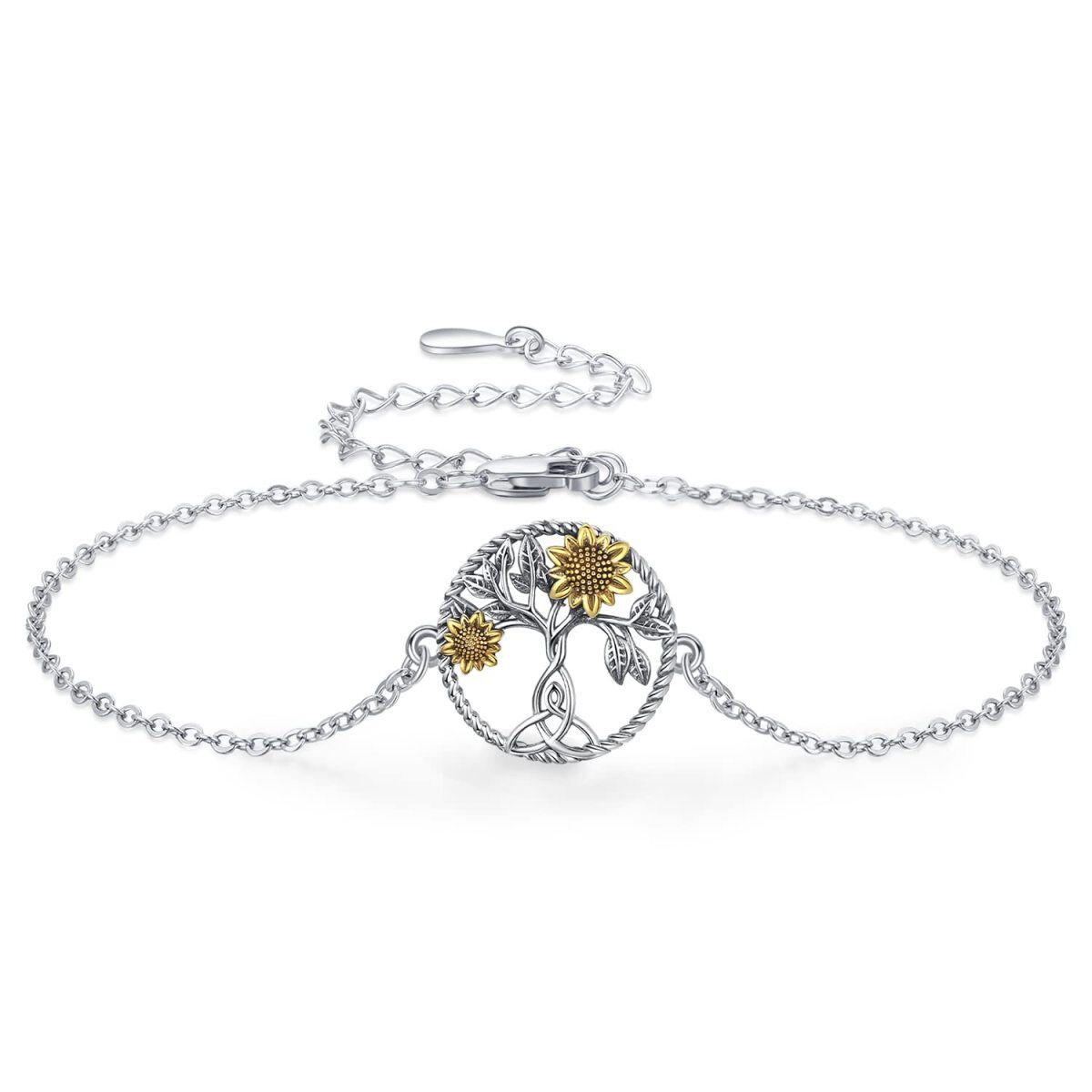 Sterling Silver Two-Tone Sunflower & Tree Of Life Charm Bracelet For Women-1