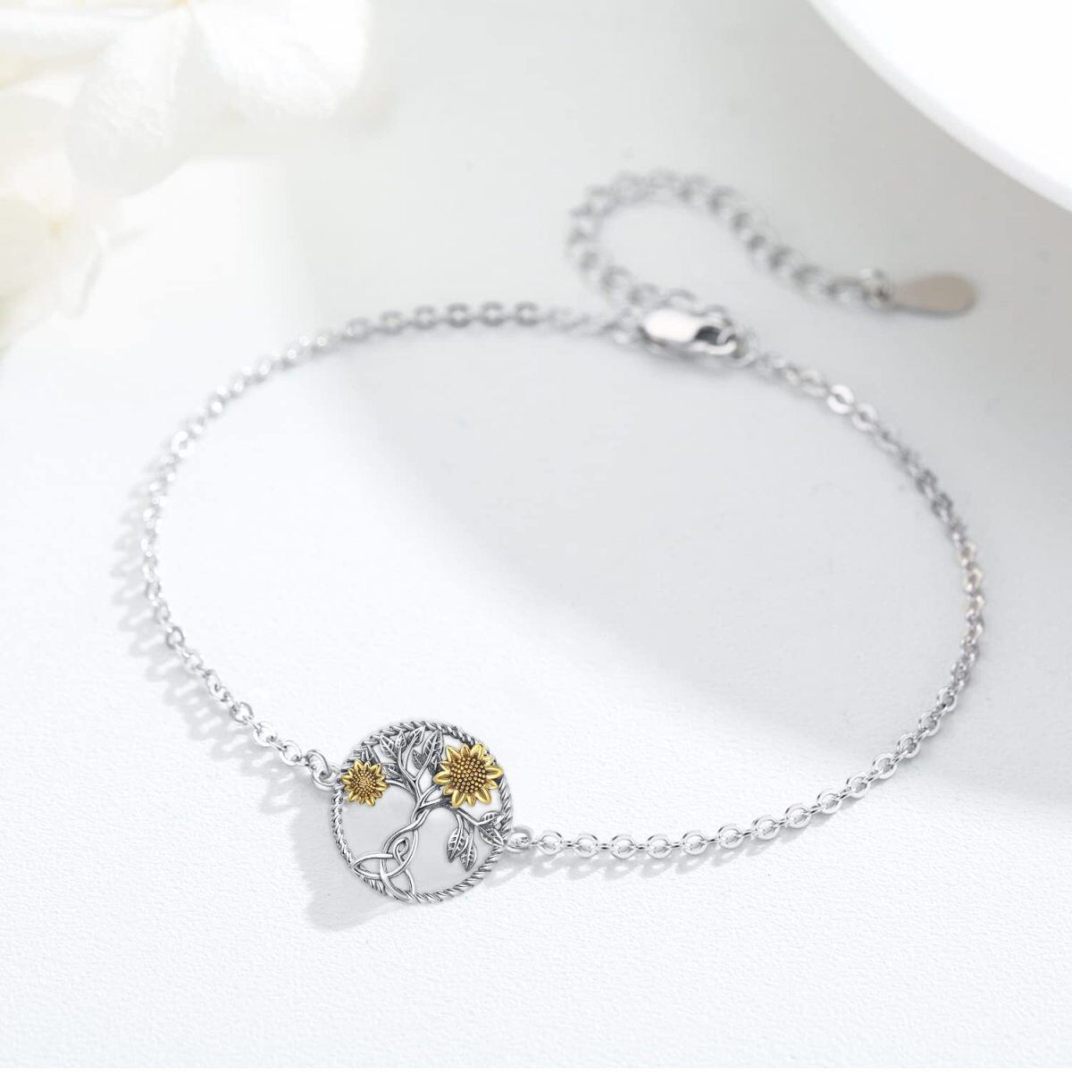 Sterling Silver Two-Tone Sunflower & Tree Of Life Charm Bracelet For Women-5