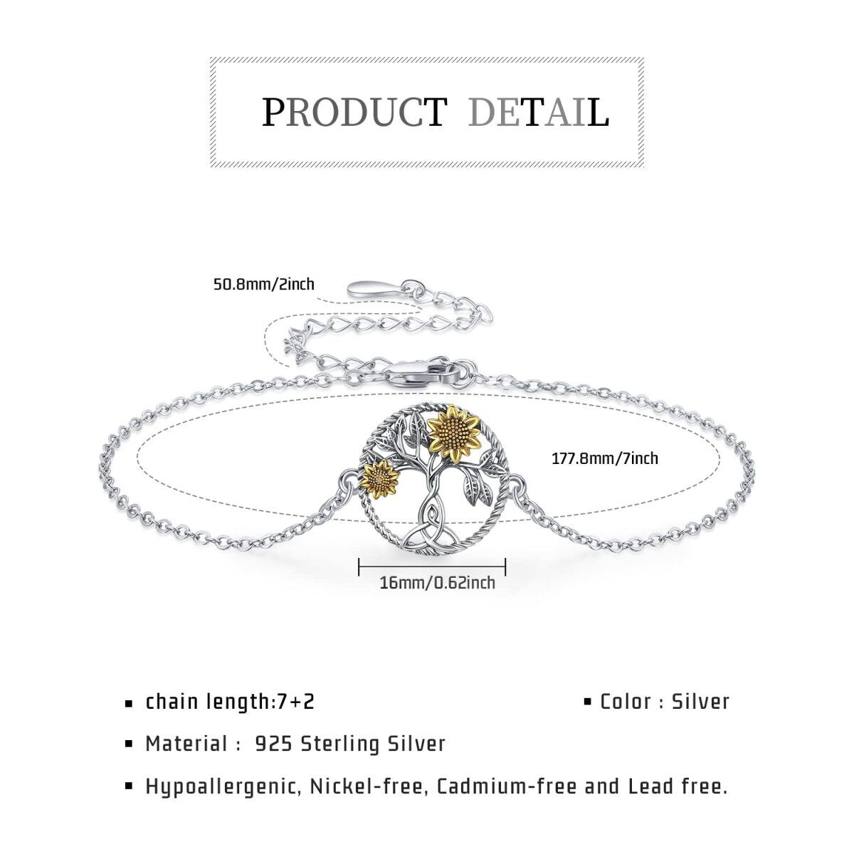 Sterling Silver Two-Tone Sunflower & Tree Of Life Charm Bracelet For Women-6