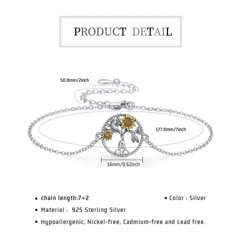 Sterling Silver Two-Tone Sunflower & Tree Of Life Charm Bracelet For Women-6