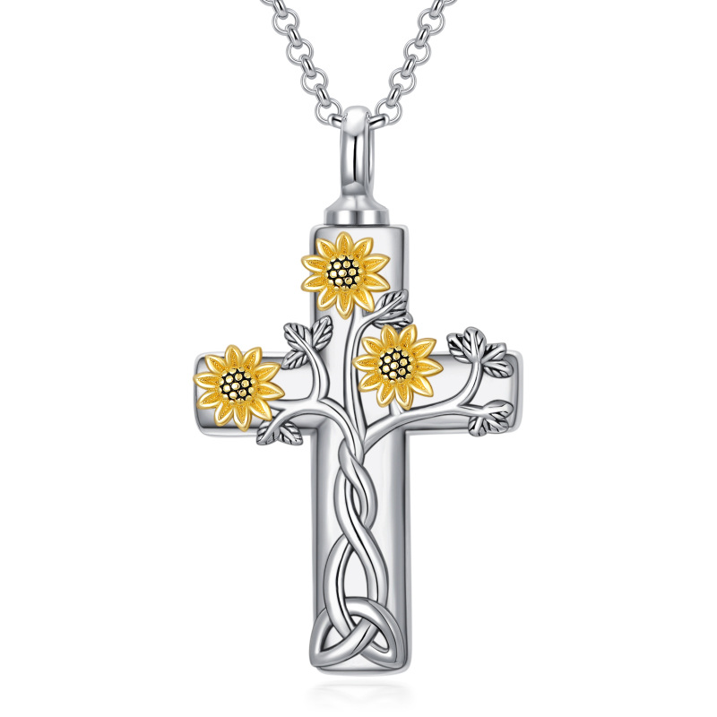 Sterling Silver Two-Tone Cross With Celtic Knot With Sunflower Urn Necklace For Ashes With Engraved Word For Women-1