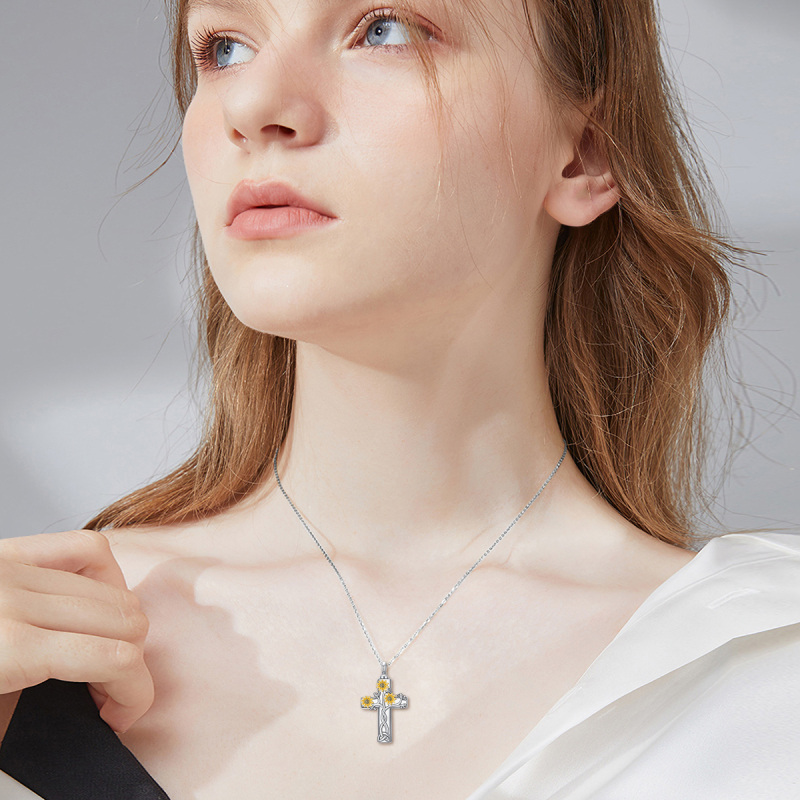 Sterling Silver Two-Tone Cross With Celtic Knot With Sunflower Urn Necklace For Ashes With Engraved Word For Women-2