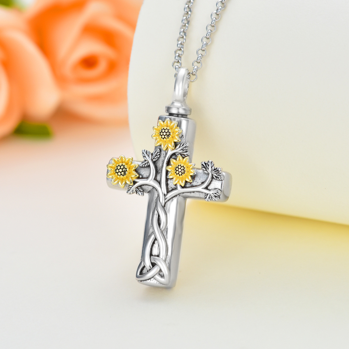 Plata de ley de dos tonos Girasol y Árbol de la Vida y Cruz Urna Collar para cenizas-3