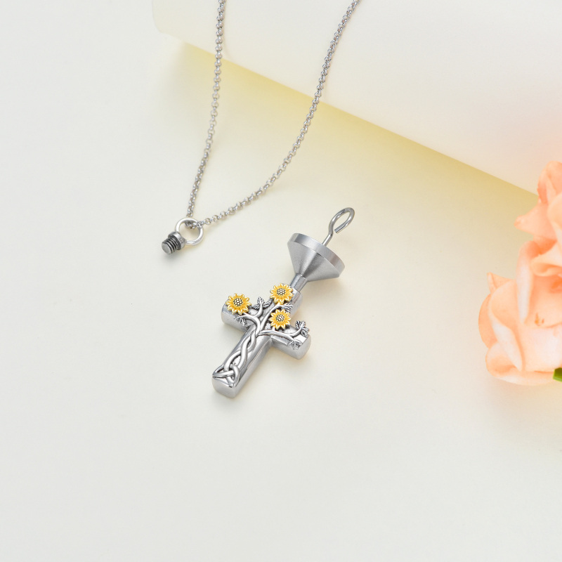 Sterling Silver Two-Tone Cross With Celtic Knot With Sunflower Urn Necklace For Ashes With Engraved Word For Women-4