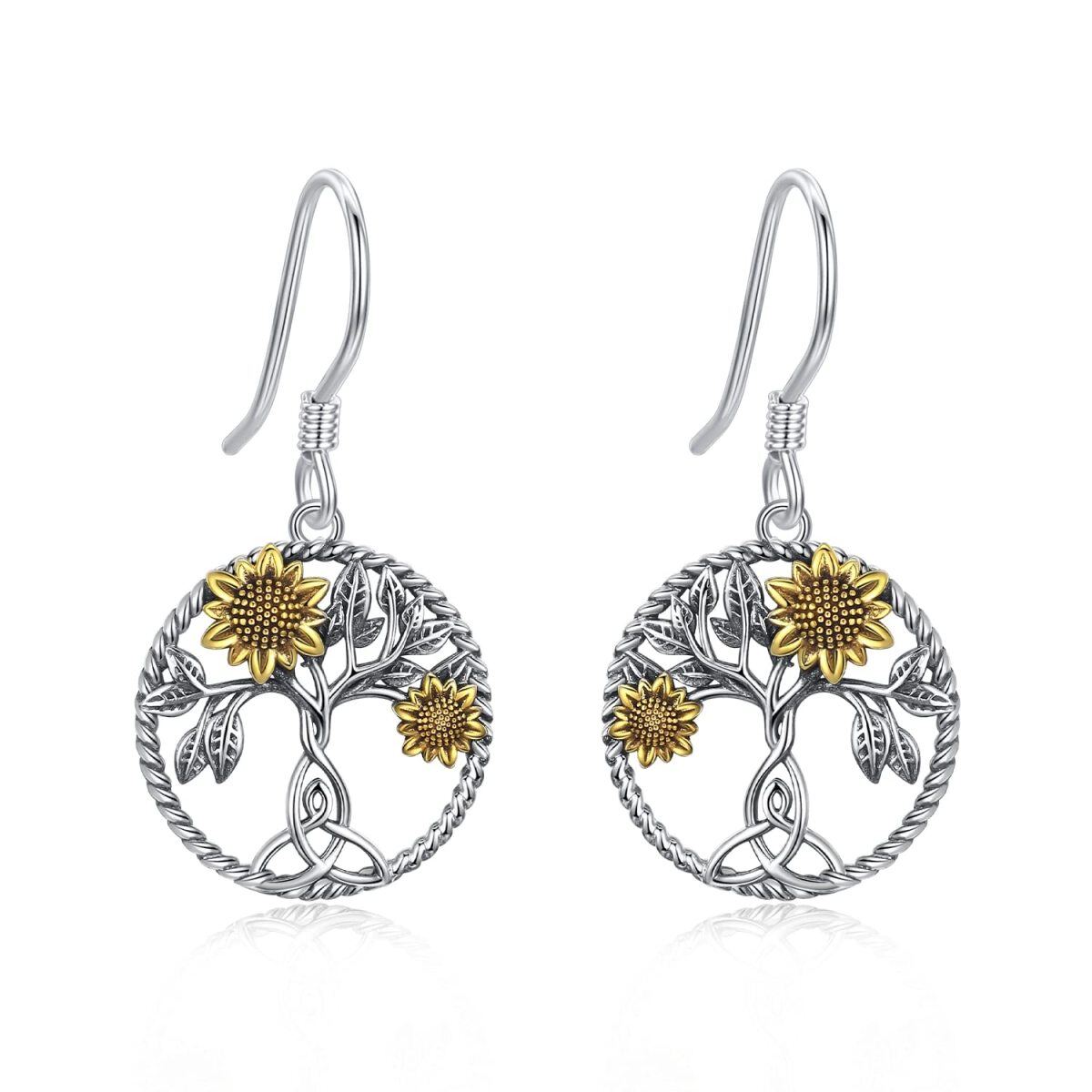 Sterling Silver Two-tone Sunflower & Tree Of Life Drop Earrings-1