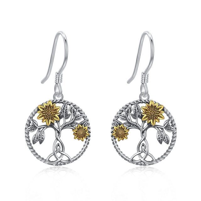 Sterling Silver Two-tone Sunflower & Tree Of Life Drop Earrings