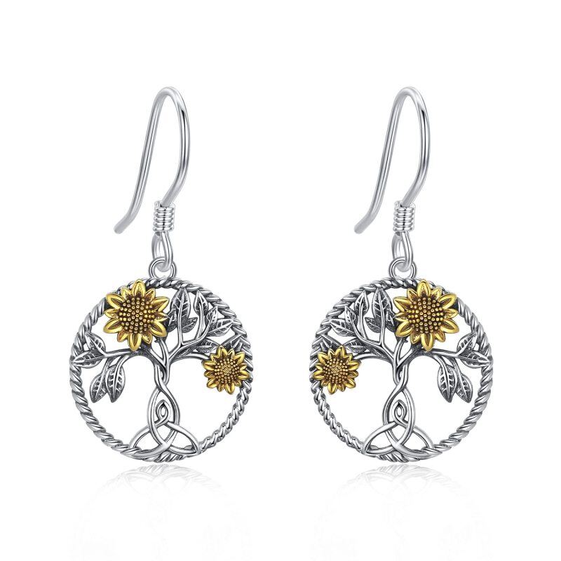 Sterling Silver Two-tone Sunflower & Tree Of Life Drop Earrings-20