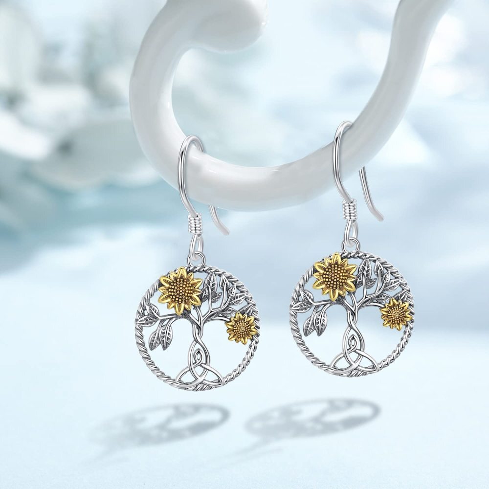 Sterling Silver Two-tone Sunflower & Tree Of Life Drop Earrings-5