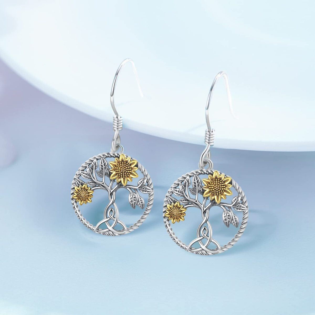 Pendientes colgantes con forma de árbol de la vida y girasol en dos tonos de plata de ley-6