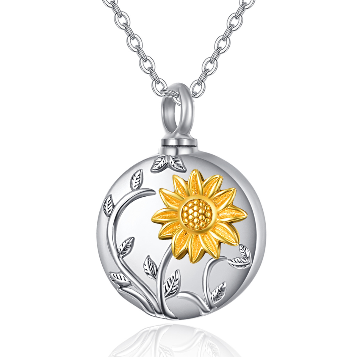 Collana con ciondolo a forma di girasole per le ceneri in argento sterling bicolore-1