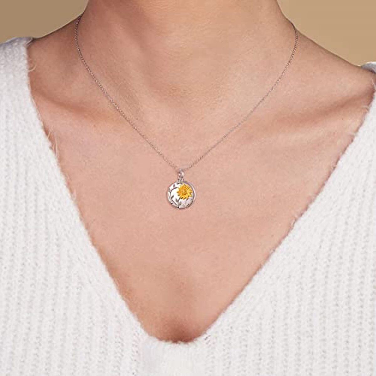 Collana con ciondolo a forma di girasole per le ceneri in argento sterling bicolore-2