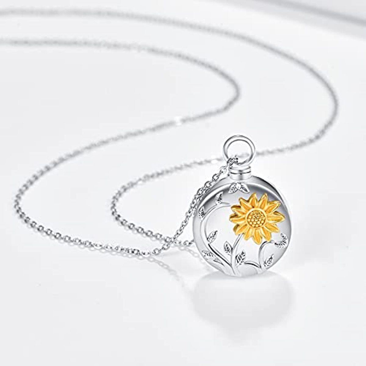 Collana con ciondolo a forma di girasole per le ceneri in argento sterling bicolore-3