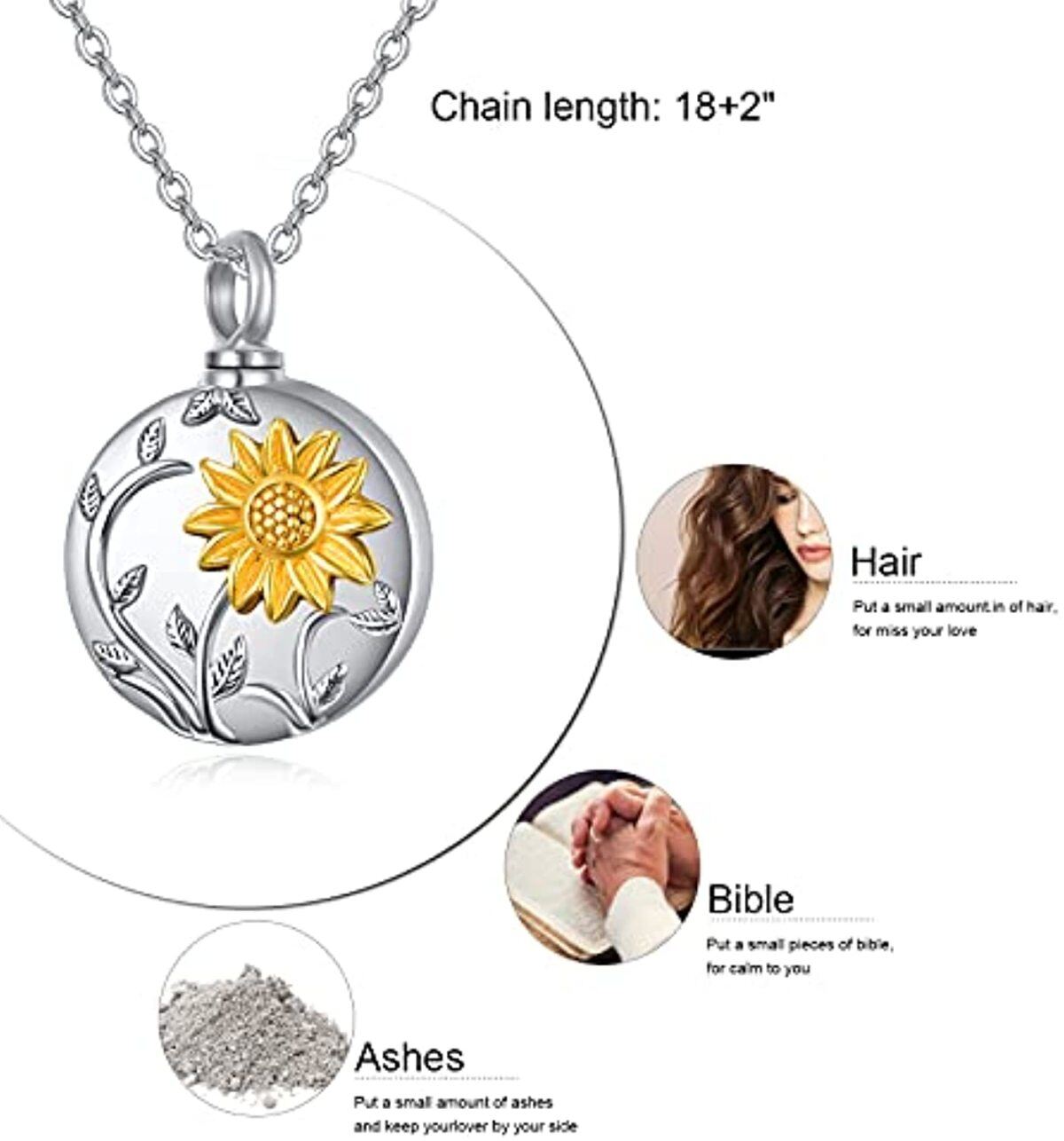 Collana con ciondolo a forma di girasole per le ceneri in argento sterling bicolore-5