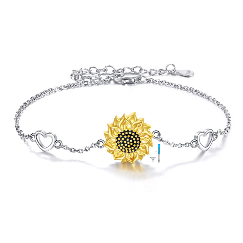 Sterling Silber zweifarbig Sonnenblume Urne Armband für Asche mit Herz verziert