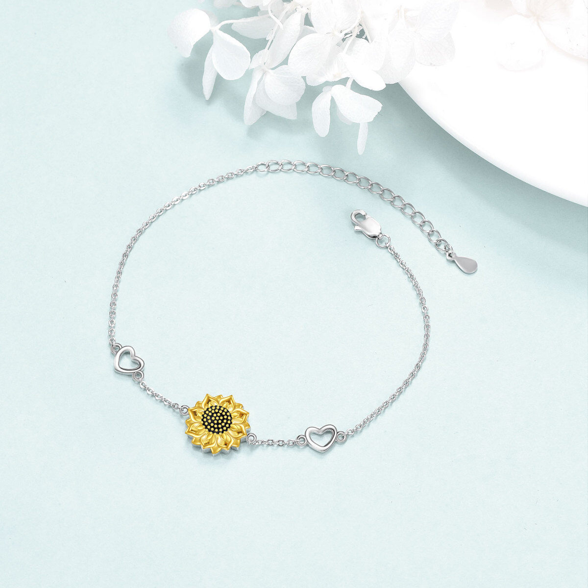 Sterling Silver Two-tone Sunflower Urn Bracelet for Ashes Adorned with Heart-4