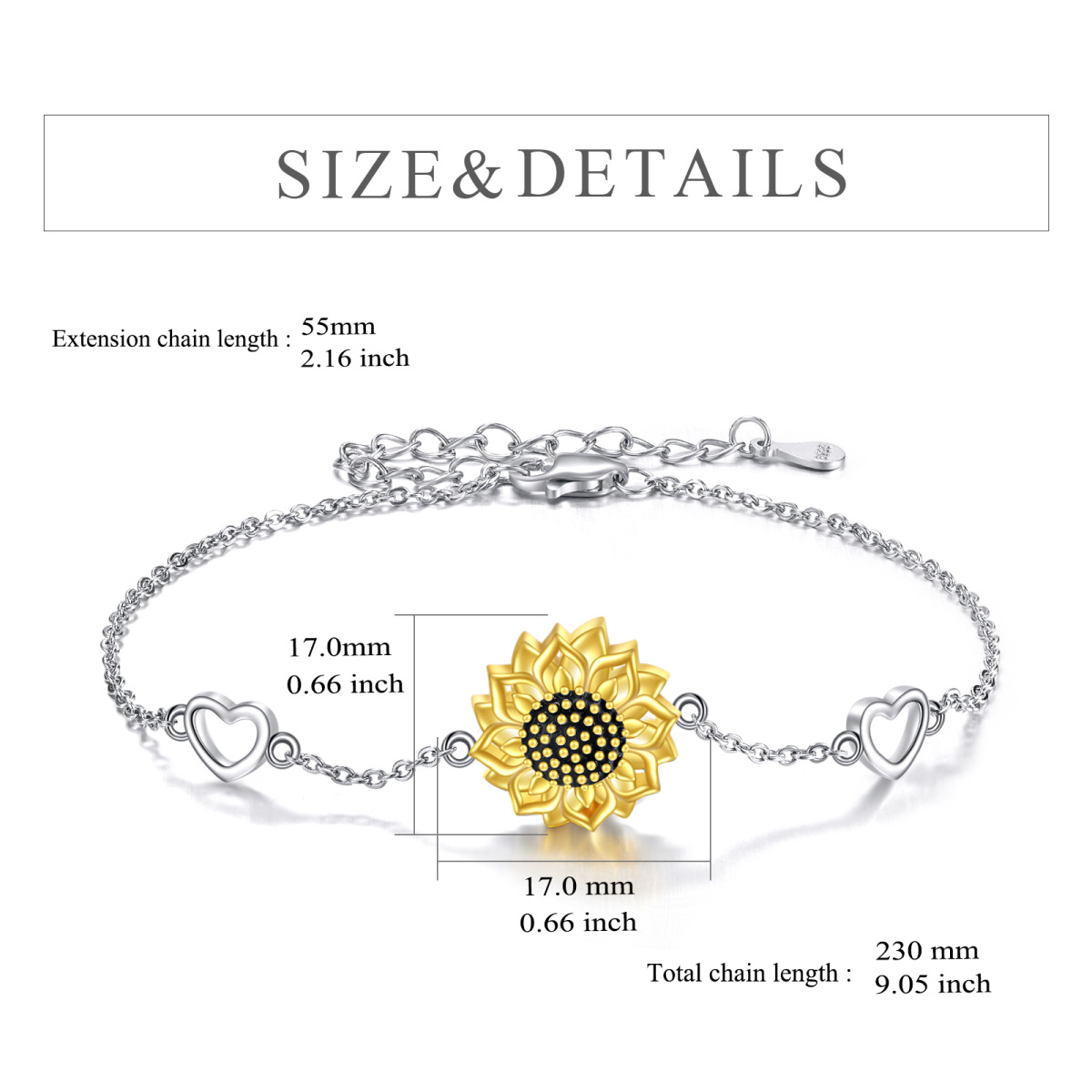 Sterling Silver Two-tone Sunflower Urn Bracelet for Ashes Adorned with Heart-5