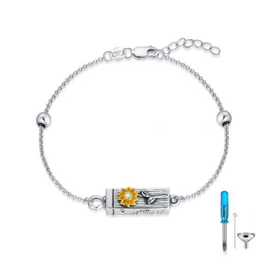 Pulsera de urna para cenizas con forma de girasol y circonita cúbica de dos tonos en plata de ley