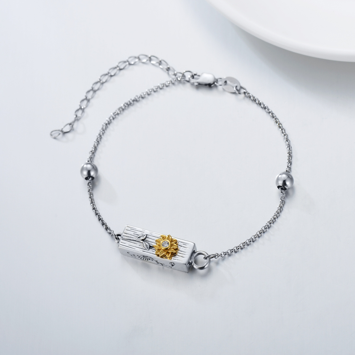 Sterling Silver Two-tone Cubic Zirconia Sunflower Urn Bracelet for Ashes-3