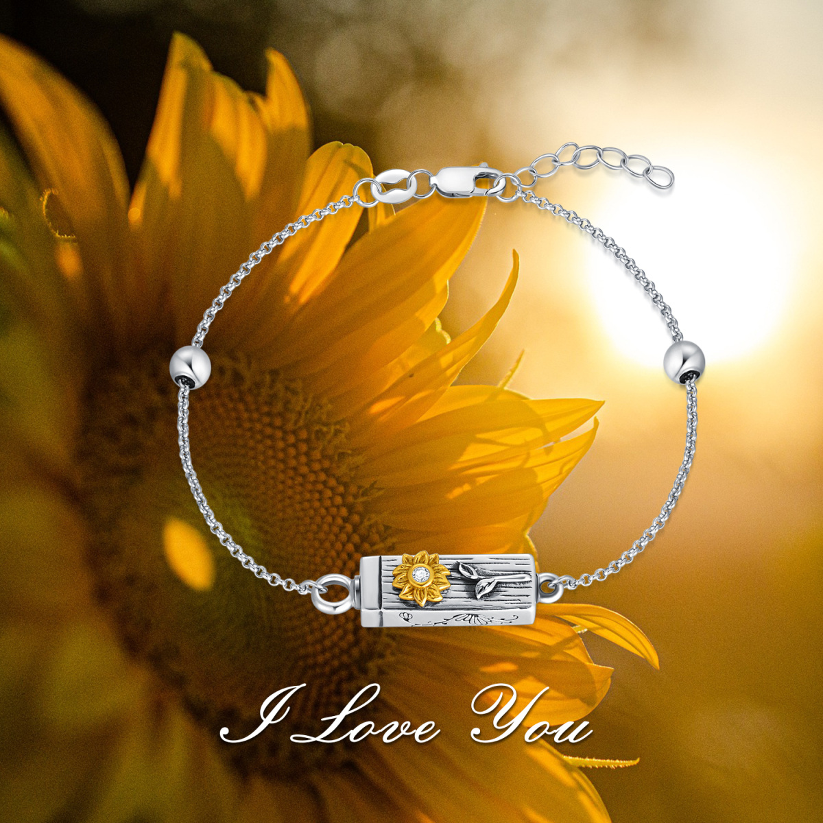 Sterling Silver Two-tone Cubic Zirconia Sunflower Urn Bracelet for Ashes-6