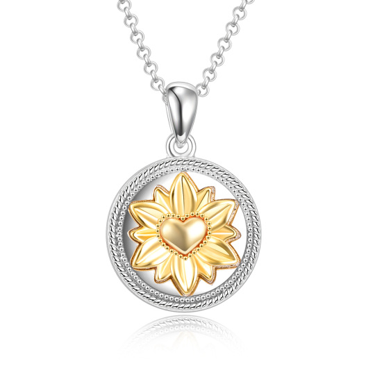 Collana d'argento bicolore con girasole per le ceneri con parola incisa