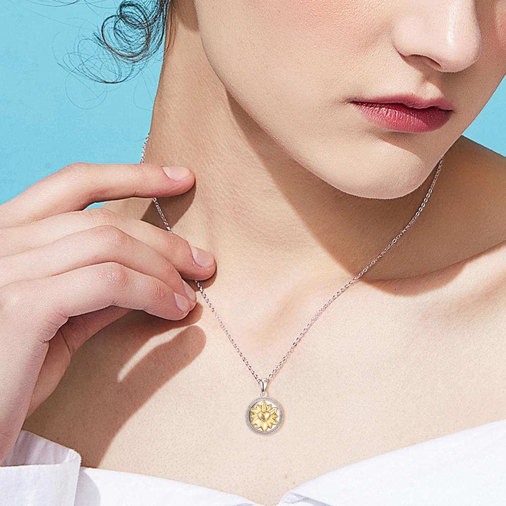 Sterling Silver Two-tone Sunflower Urn Necklace for Ashes with Engraved Word-2
