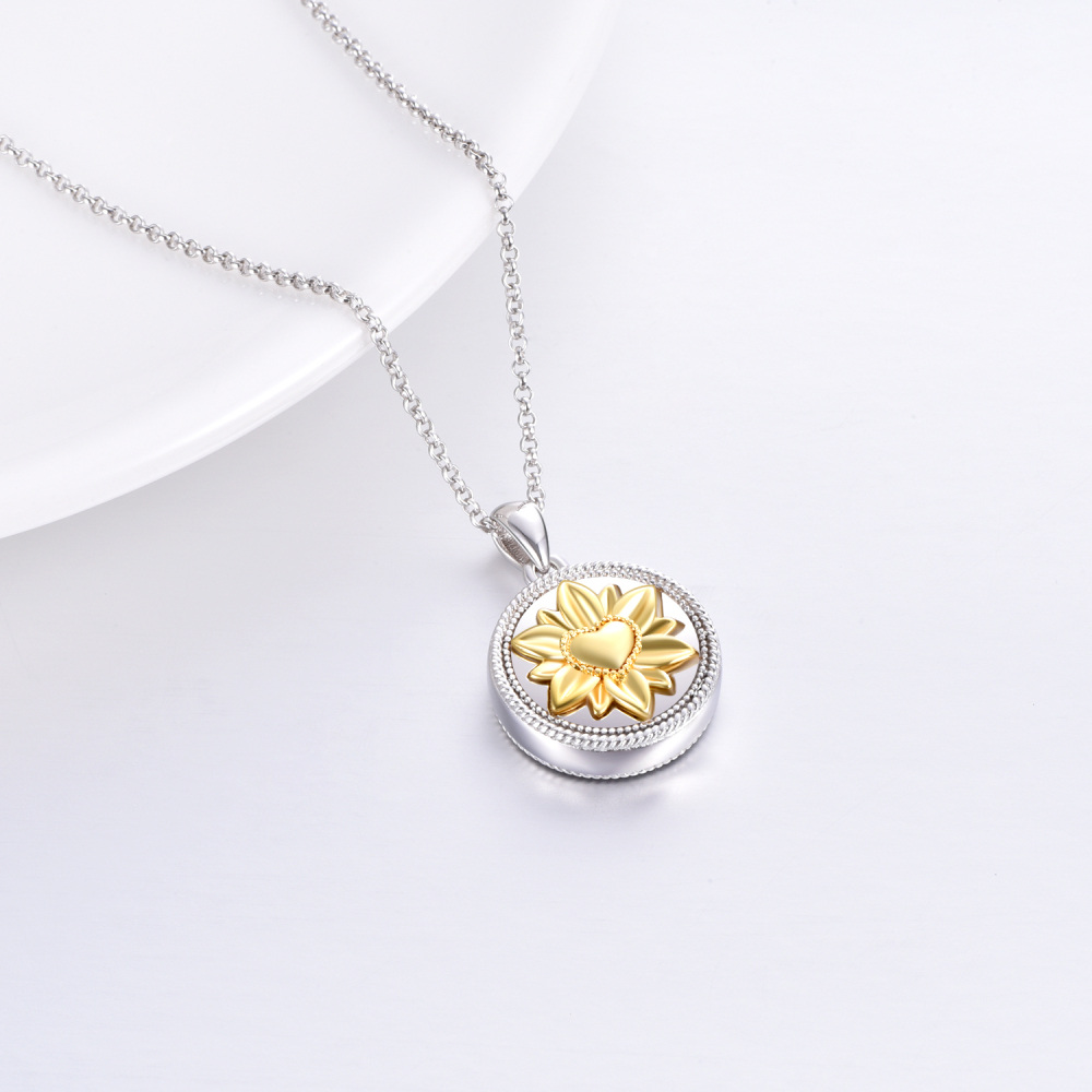 Sterling Silver Two-tone Sunflower Urn Necklace for Ashes with Engraved Word-3