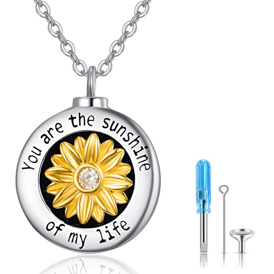 Collar de urna de girasol de plata de ley con circonita cúbica de dos tonos para cenizas con palabra grabada