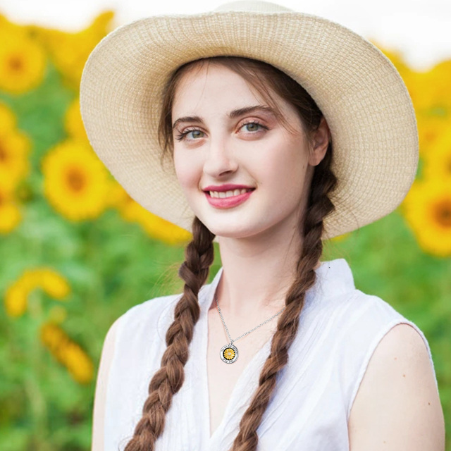 Collar de urna de girasol de plata de ley con circonita cúbica de dos tonos para cenizas con palabra grabada-2