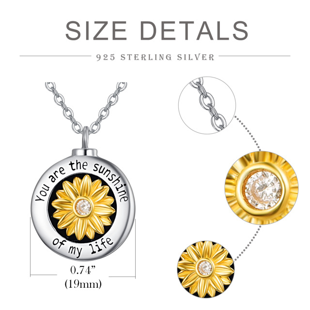 Sterling Silver Two-tone Cubic Zirconia Sunflower Urn Necklace for Ashes with Engraved Word-3