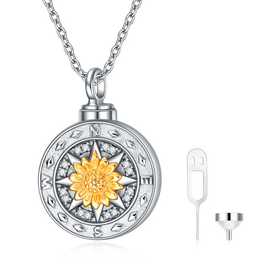 Collier Urne Tournesol Bicolore en Argent Sterling avec Zircons Cubiques pour Cendres