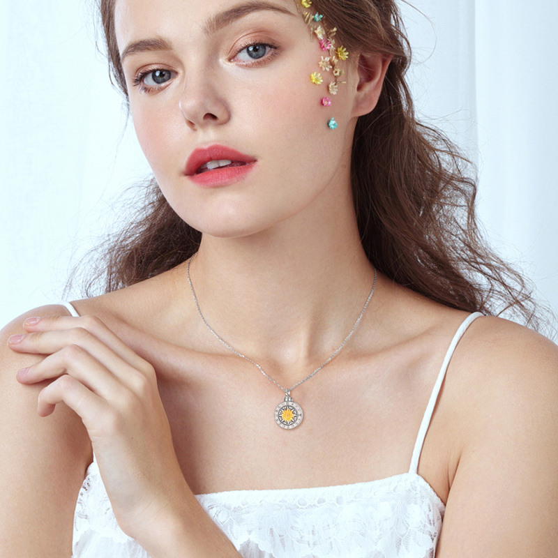 Sterling Silver Two-tone Cubic Zirconia Sunflower Urn Necklace for Ashes-2