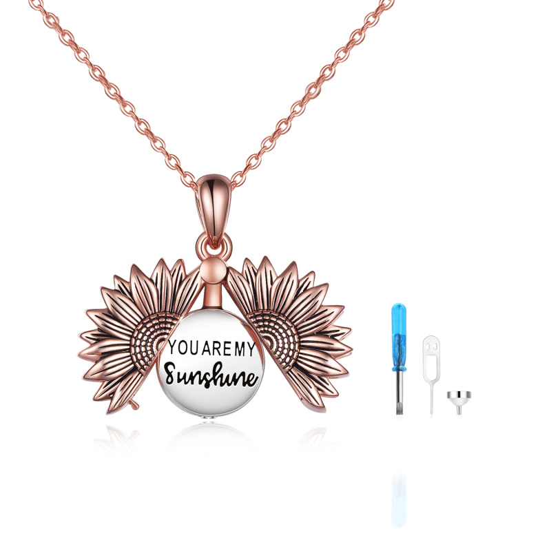 Collar de urna para cenizas en plata de ley con forma de girasol en dos tonos y palabra grabada-1