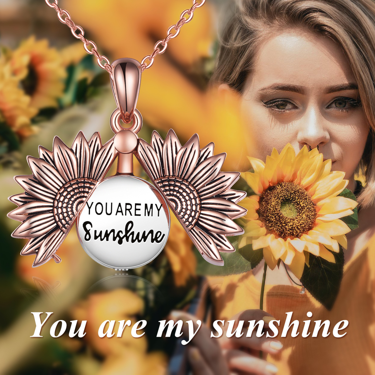 Sterling Silver Two-tone Sunflower Urn Necklace for Ashes with Engraved Word-3