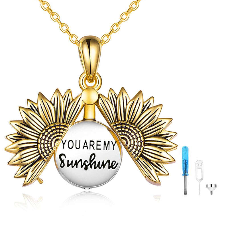 Zweifarbige Urnenkette für Asche in Sonnenblumenform aus Sterlingsilber mit eingraviertem Wort