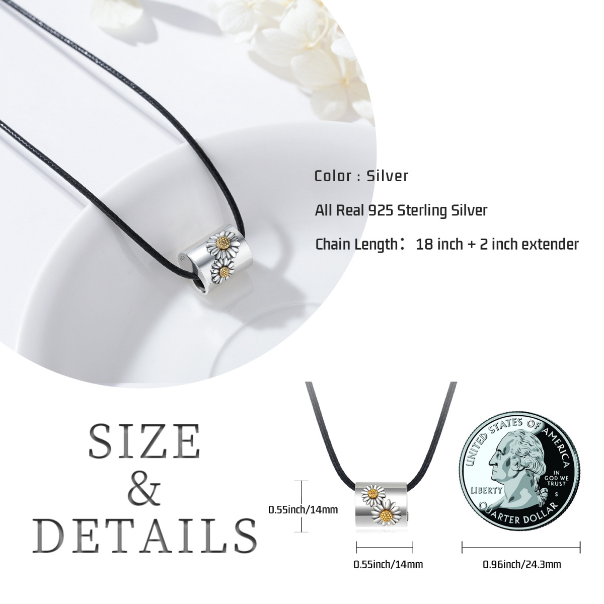 Sterling Silver Two-tone Sunflower Urn Necklace for Ashes-4