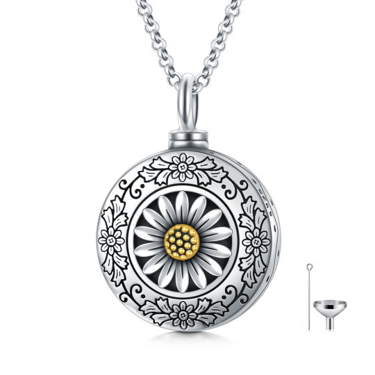 Collana d'argento bicolore con girasole per le ceneri e catena a rocchetto