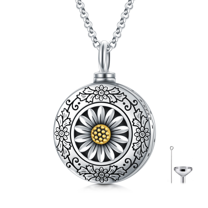 Sterling Silver Two-tone Sunflower Urn Necklace for Ashes with Rolo Chain-18
