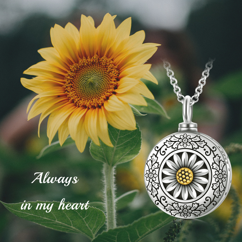 Sterling Silver Two-tone Sunflower Urn Necklace for Ashes with Rolo Chain-3