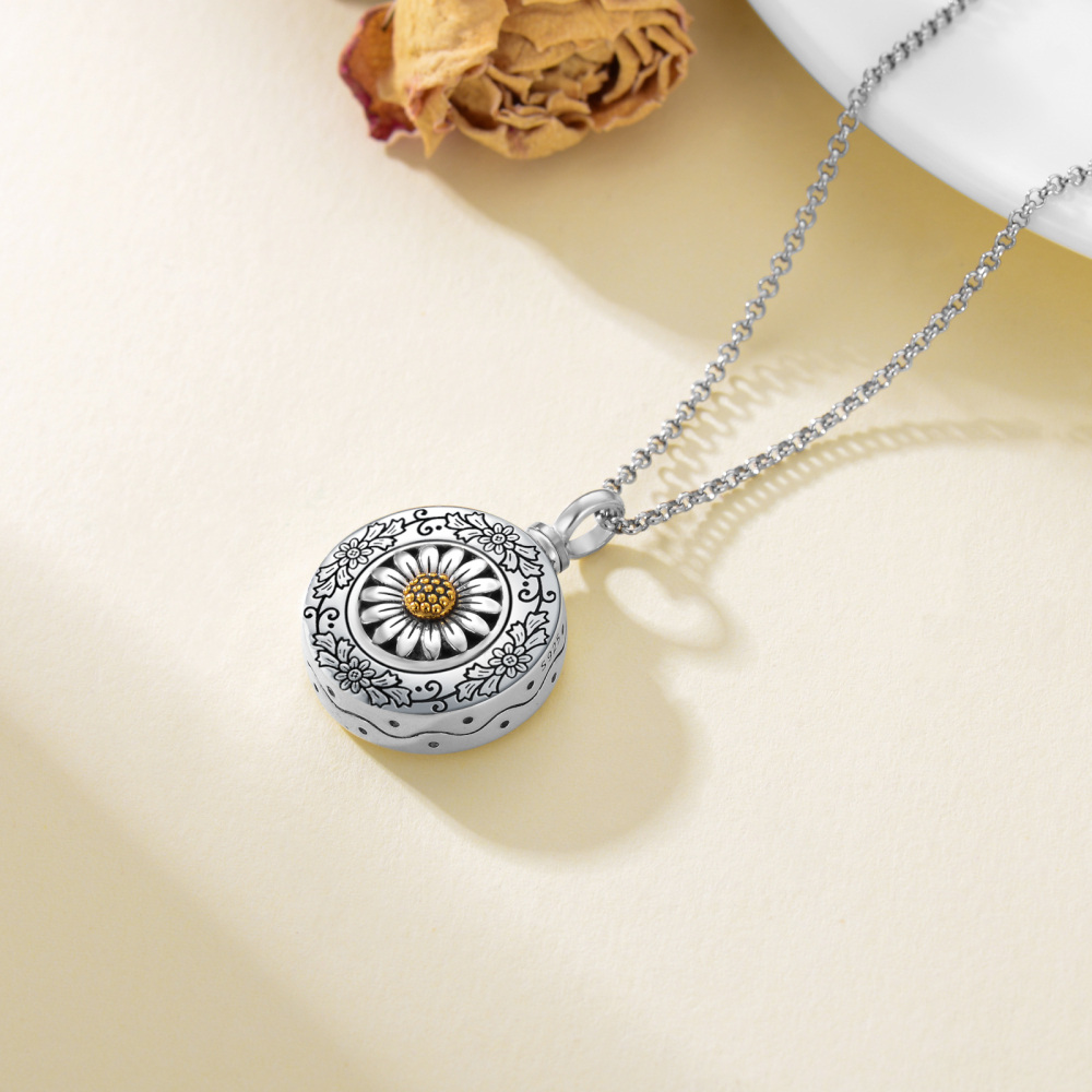 Sterling Silver Two-tone Sunflower Urn Necklace for Ashes with Rolo Chain-5