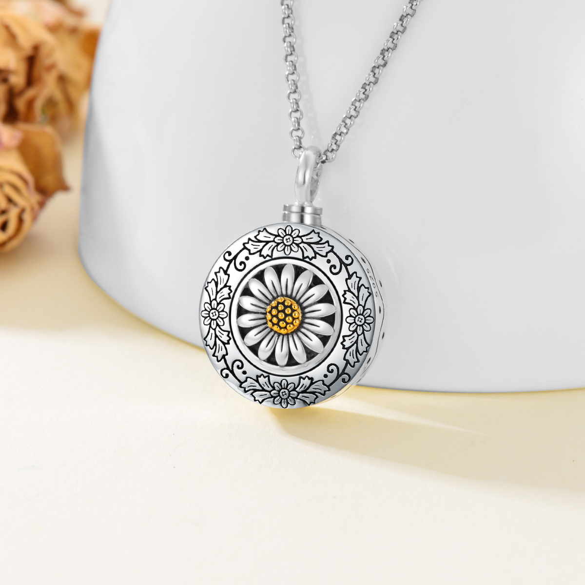 Sterling Silber zweifarbig Sonnenblume Urne Halskette für Asche mit Rolo Kette-6