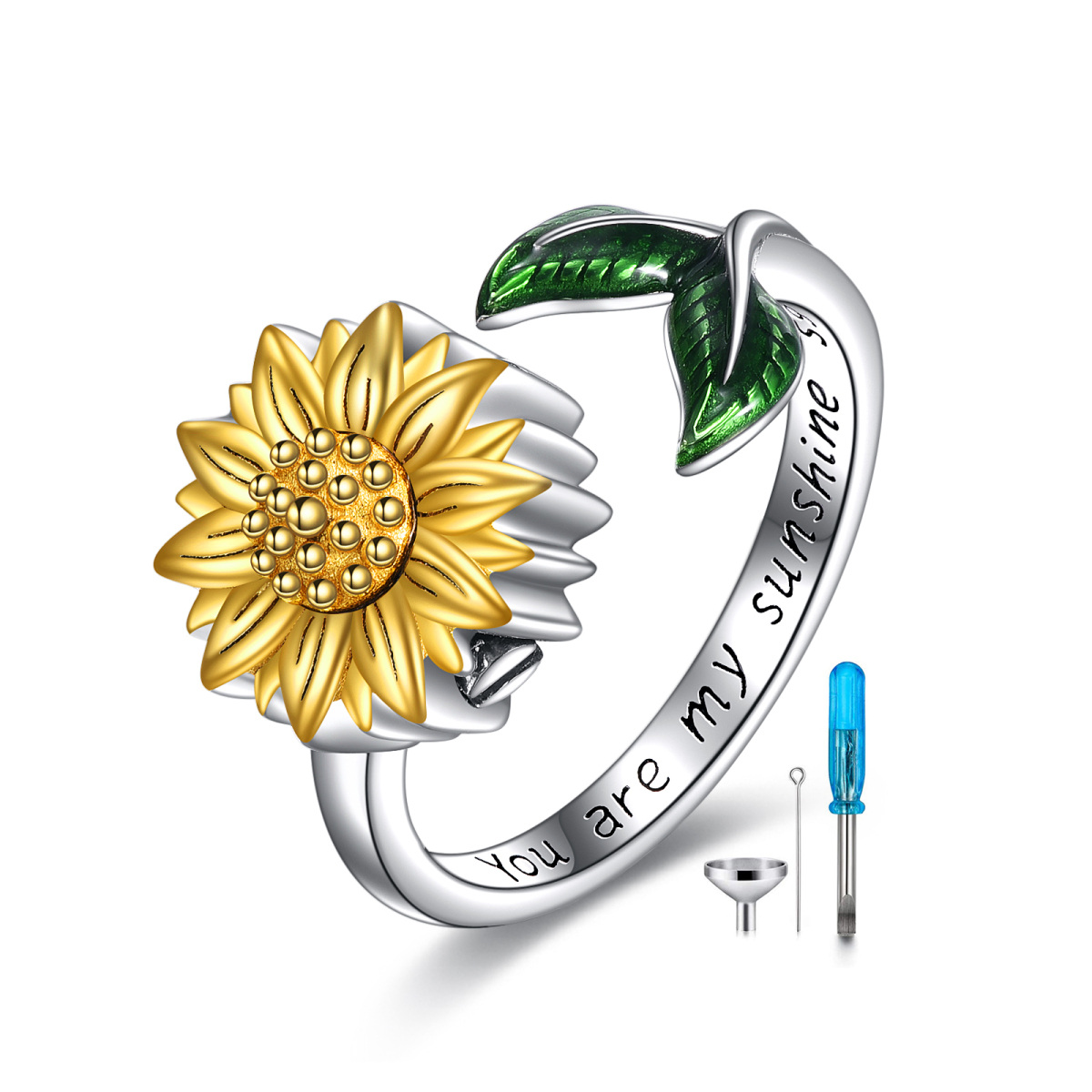 Bague urne tournesol bicolore en argent sterling avec mot gravé, anneau ouvert pour femme-1