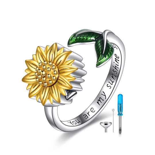 Zweifarbiger Sonnenblumen-Urnenring aus Sterlingsilber mit eingraviertem Wort, offener Ring für Damen